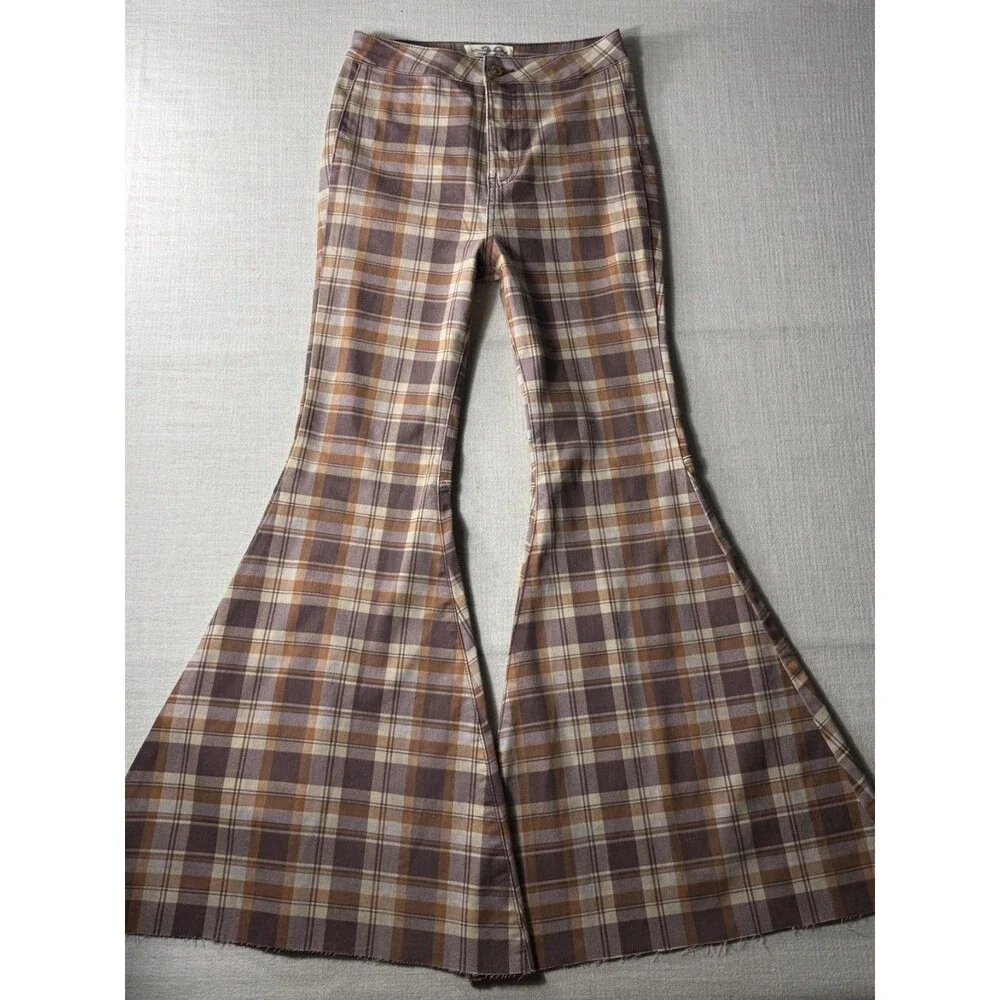 We The Free People Women's Just Float On Flare Plaid Pants Mauve 28 Bell Bottoms